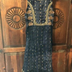 Embroidered Navy Blue and Gold Embellished Boho Dress